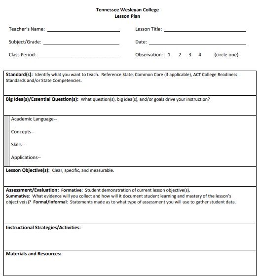 tennessee wesleyan college lesson plan template
