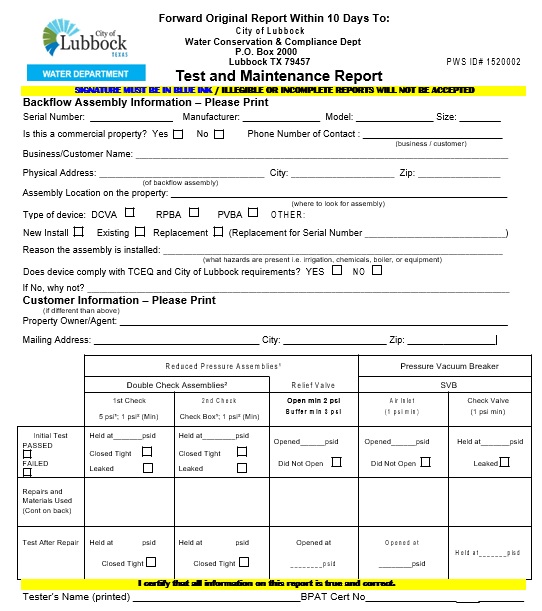test and maintenance report form