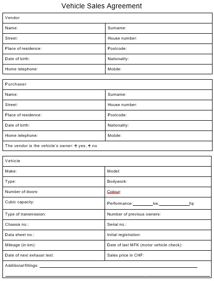 vehicle sales agreement template