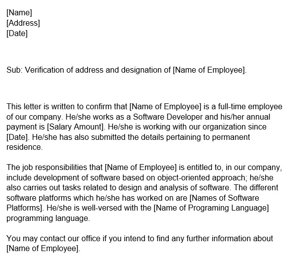 verification of address and designation of employee