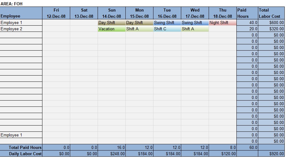 work schedule template with shifts and labor costs