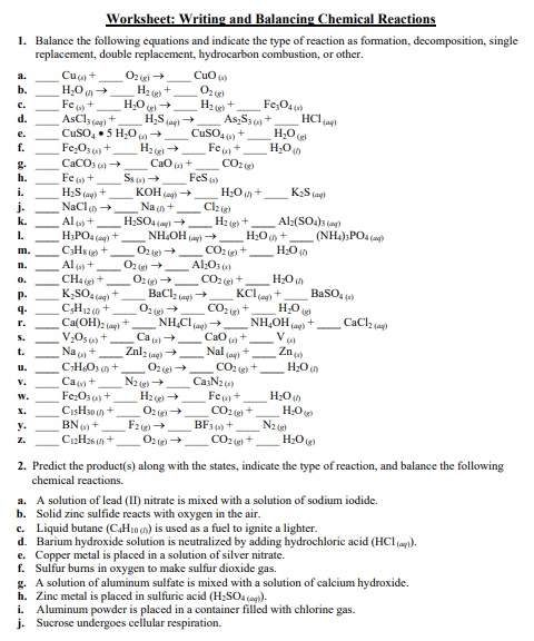 writing and balancing chemical equations worksheet pdf