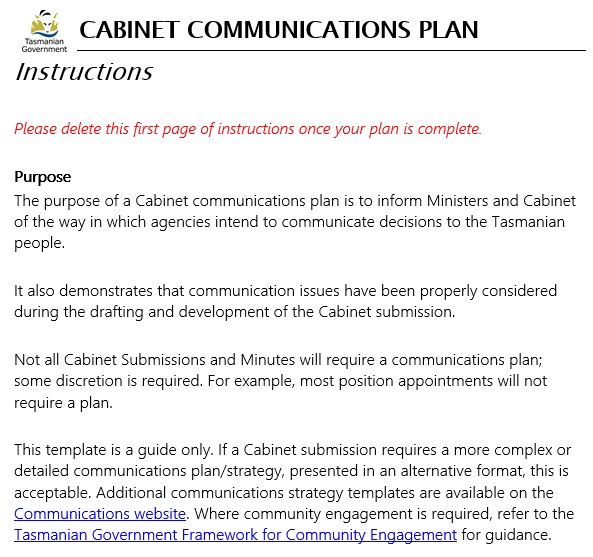 cabinet communications plan template
