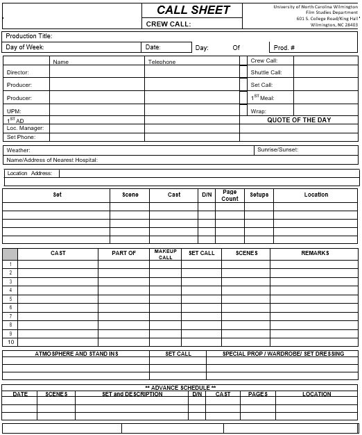 Free Printable Call Sheet Templates Excel Word PDF Best Collections