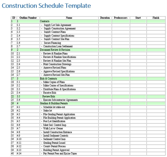 free construction schedule template 5