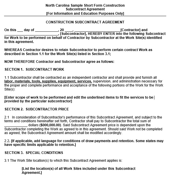 free north carolina sample short form construction agreement