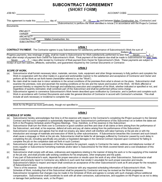 free subcontractor agreement template 10