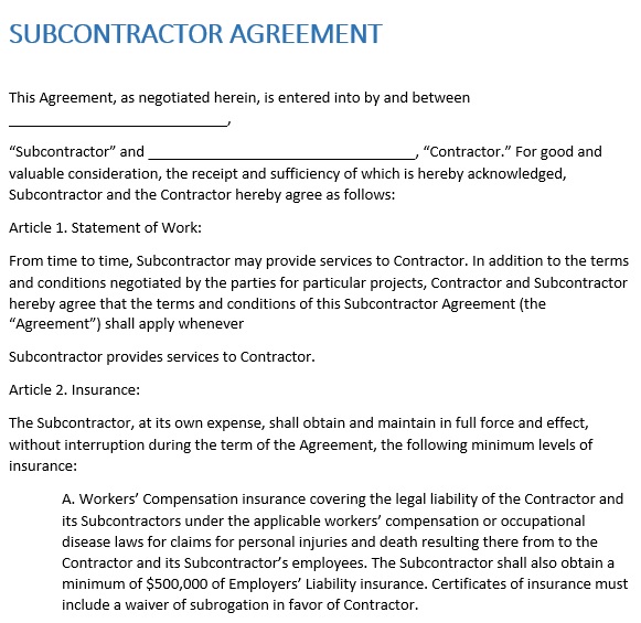 free subcontractor agreement template 13