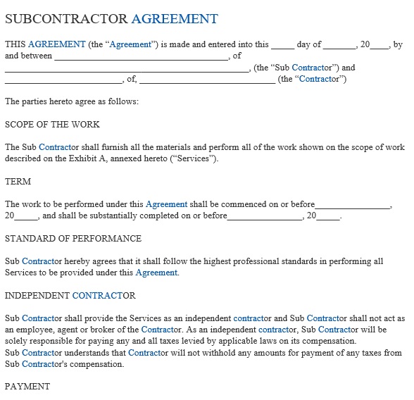 free subcontractor agreement template 5