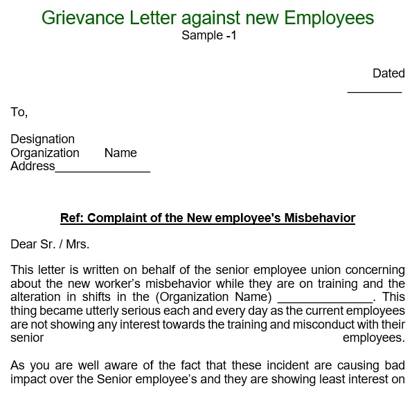 grievance letter against new employees