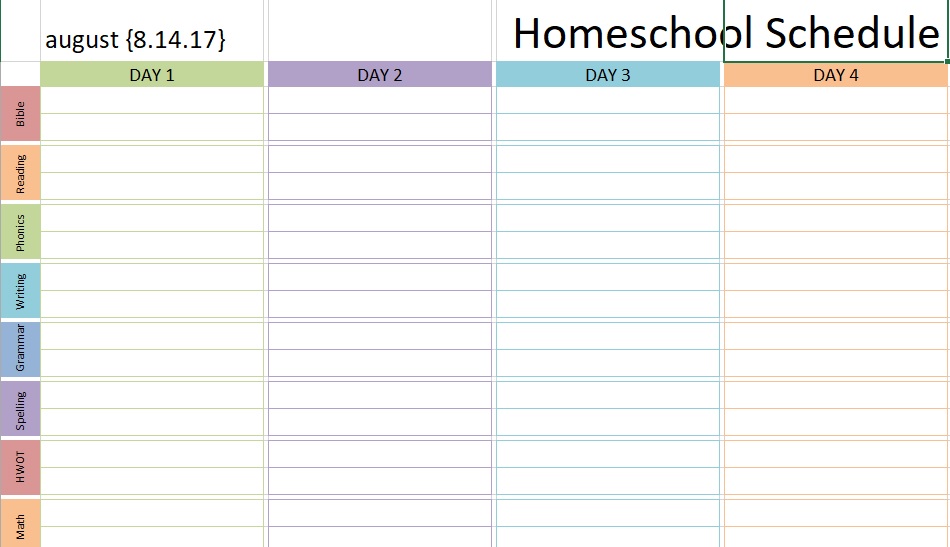homeschool schedule template excel