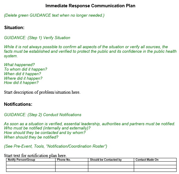 immediate response communication plan template