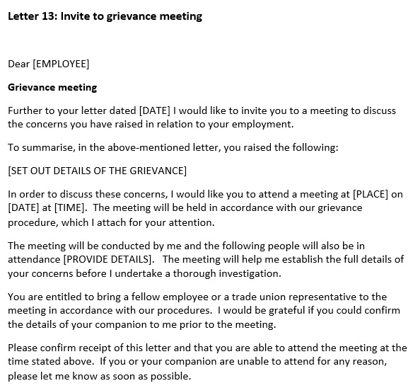 invite to grievance meeting letter