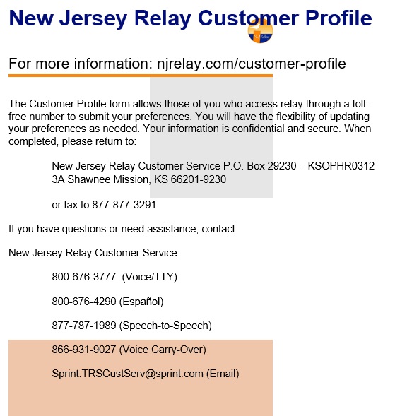 new jersey relay customer profile form