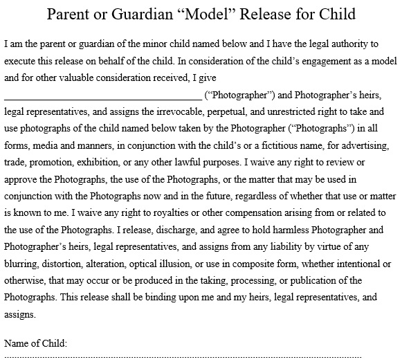 parent or guardian model release for child