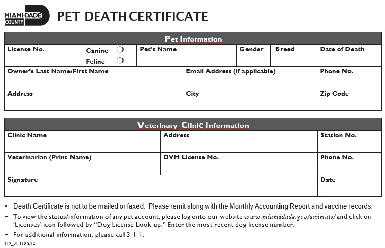 pet death certificate template