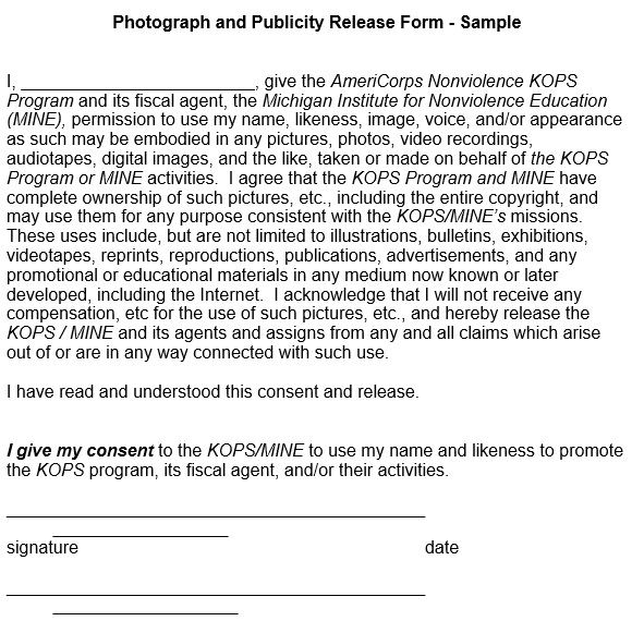 photograph and publicity release form