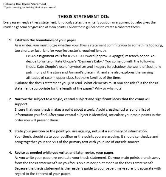 printable thesis statement template