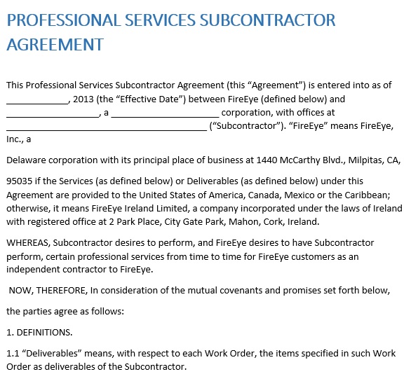 professional services subcontractor agreement template