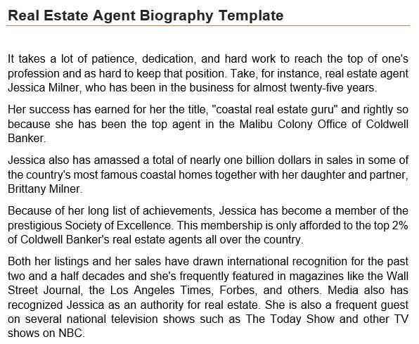real estate agent biography template