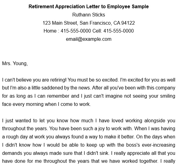 retirement appreciation letter to employee
