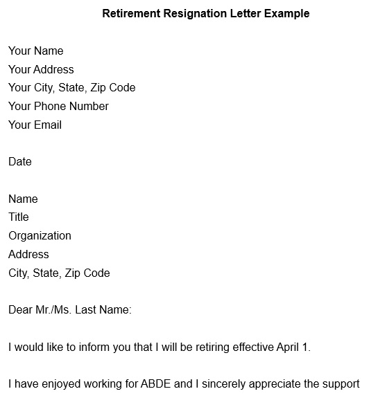 retirement resignation letter example