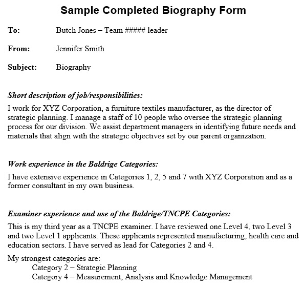 sample completed biography form