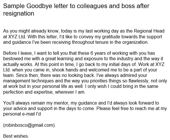 sample goodbye letter to colleagues and boss after resignation