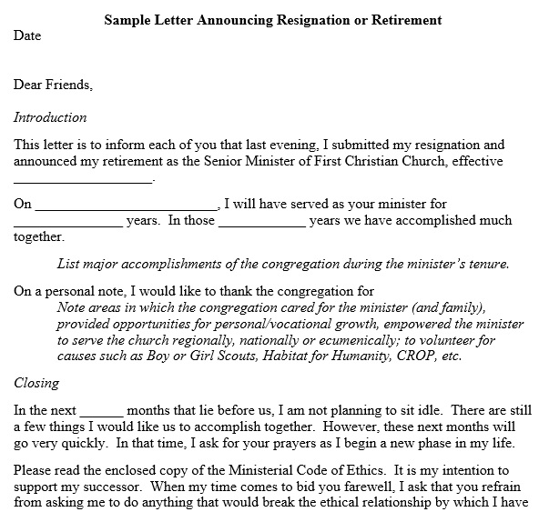 sample letter announcing resignation or retirement