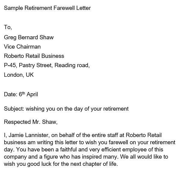 sample retirement farewell letter