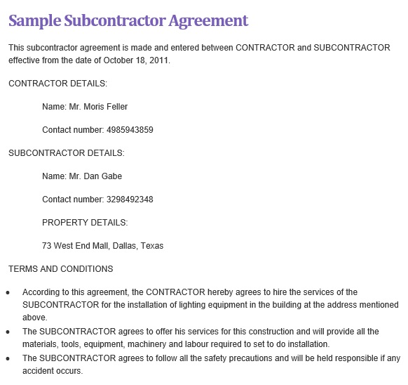 sample subcontractor agreement template