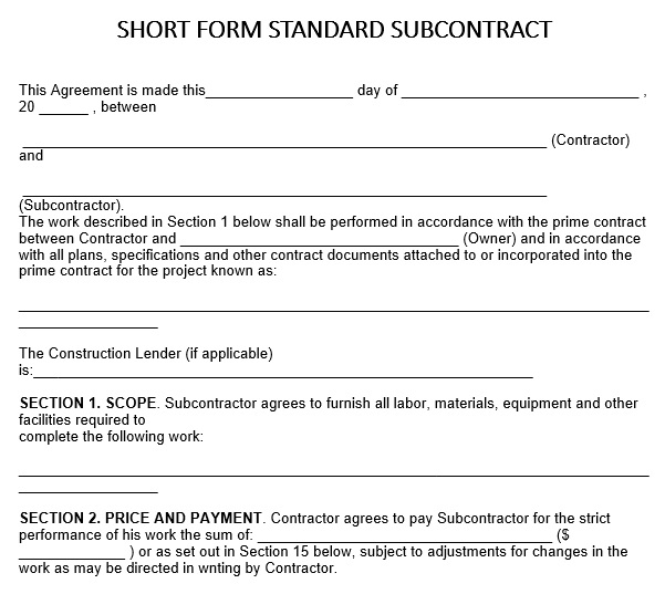 short form standard subcontract agreement template