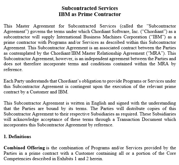 subcontracted services ibm as prime contractor agreement template