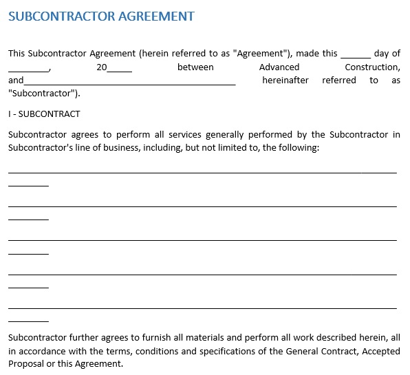 subcontractor agreement form