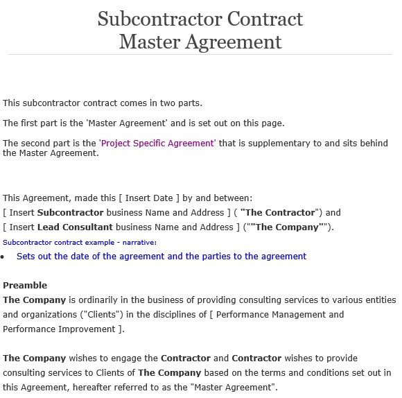 subcontractor contract master agreement template