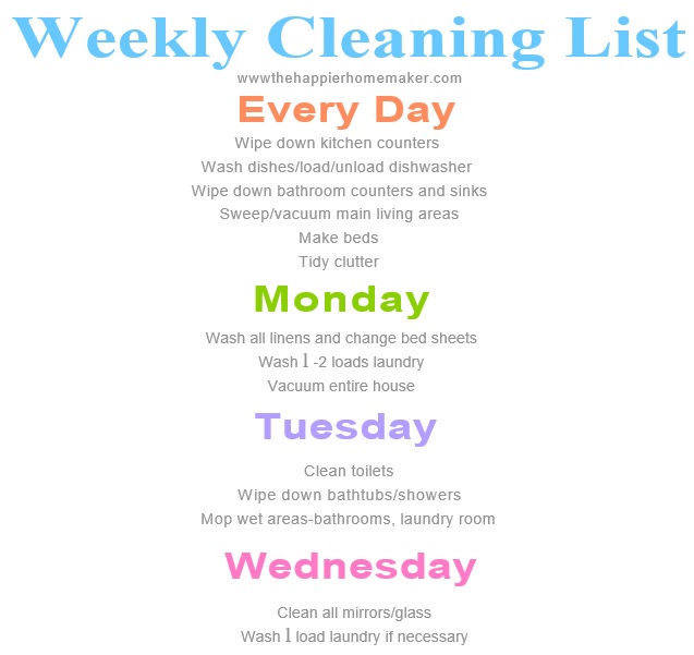 weekly cleaning list template