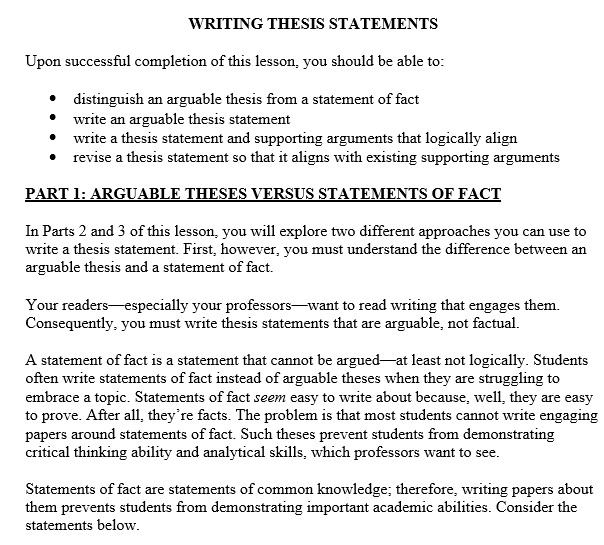 writing thesis statements worksheet
