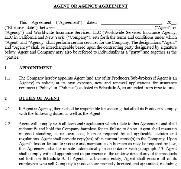 agent or agency agreement template