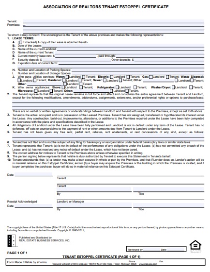 association of realtors tenant estoppel certificate form