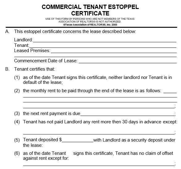 commercial tenant estoppel certificate form
