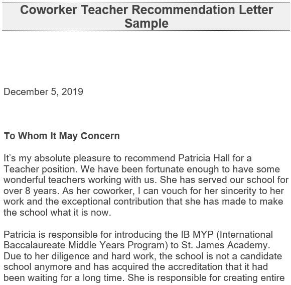coworker teacher recommendation letter sample