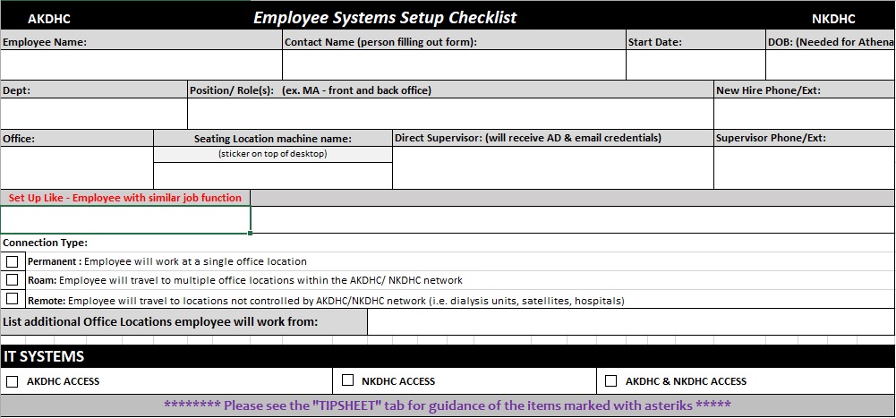 employee systems setup checklist excel