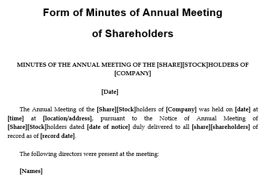 form of minutes of annual meeting of shareholders template