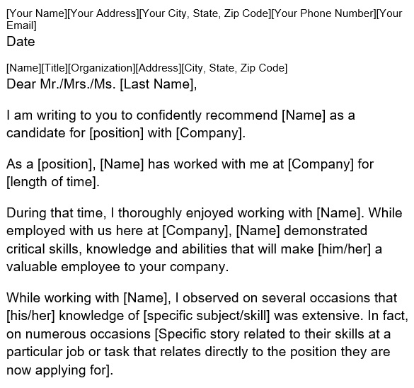 free letter of recommendation for coworker
