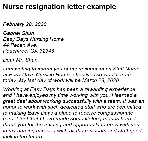 free nursing resignation letter example