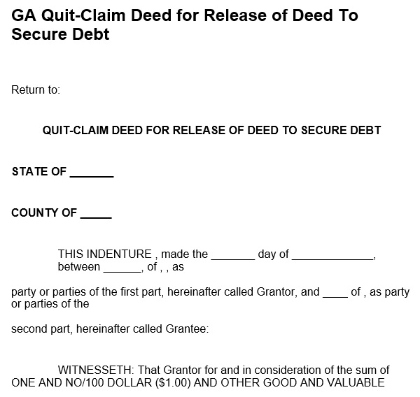 ga quit claim deed for release of deed to secure debt