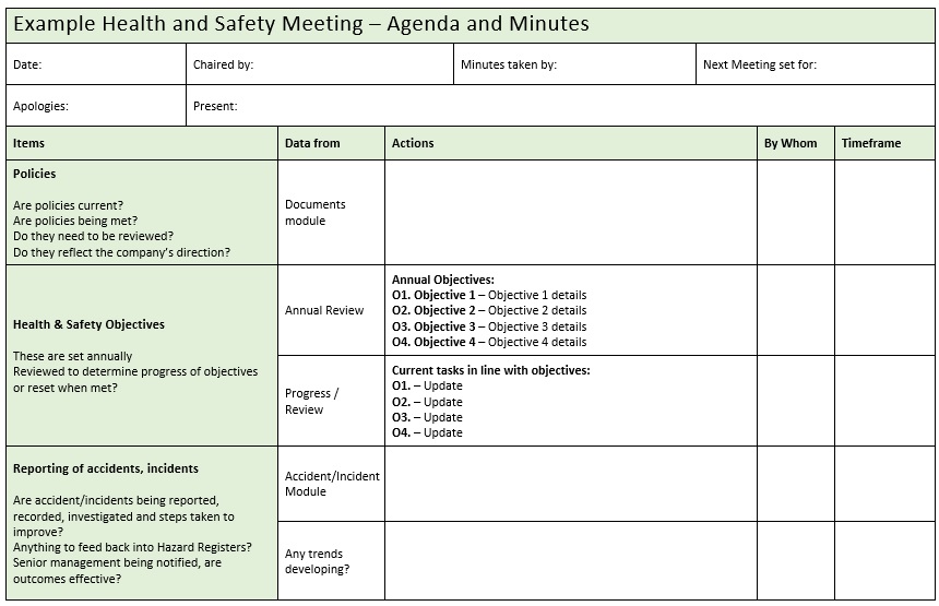 health and safety meeting minutes template