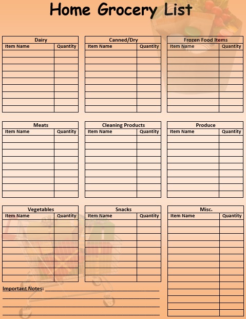 home grocery list template