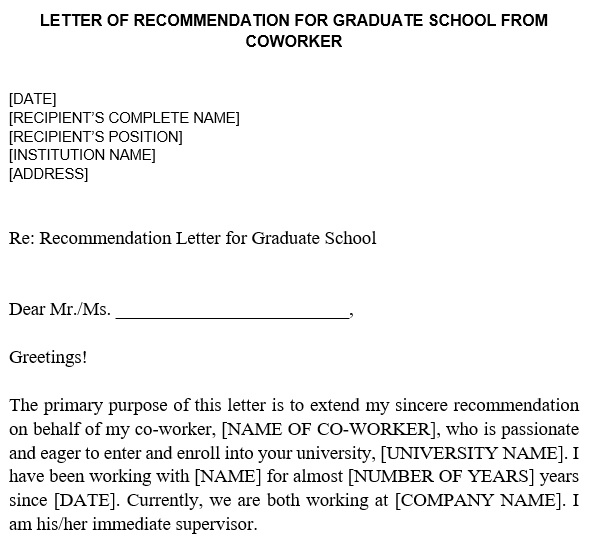 letter of recommendation for graduate school from coworker