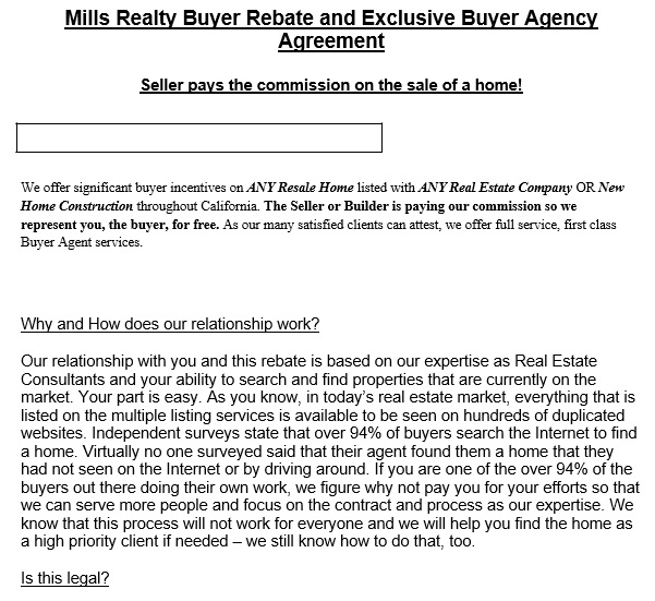 mills realty buyer rebate and exclusive buyer agency agreement template